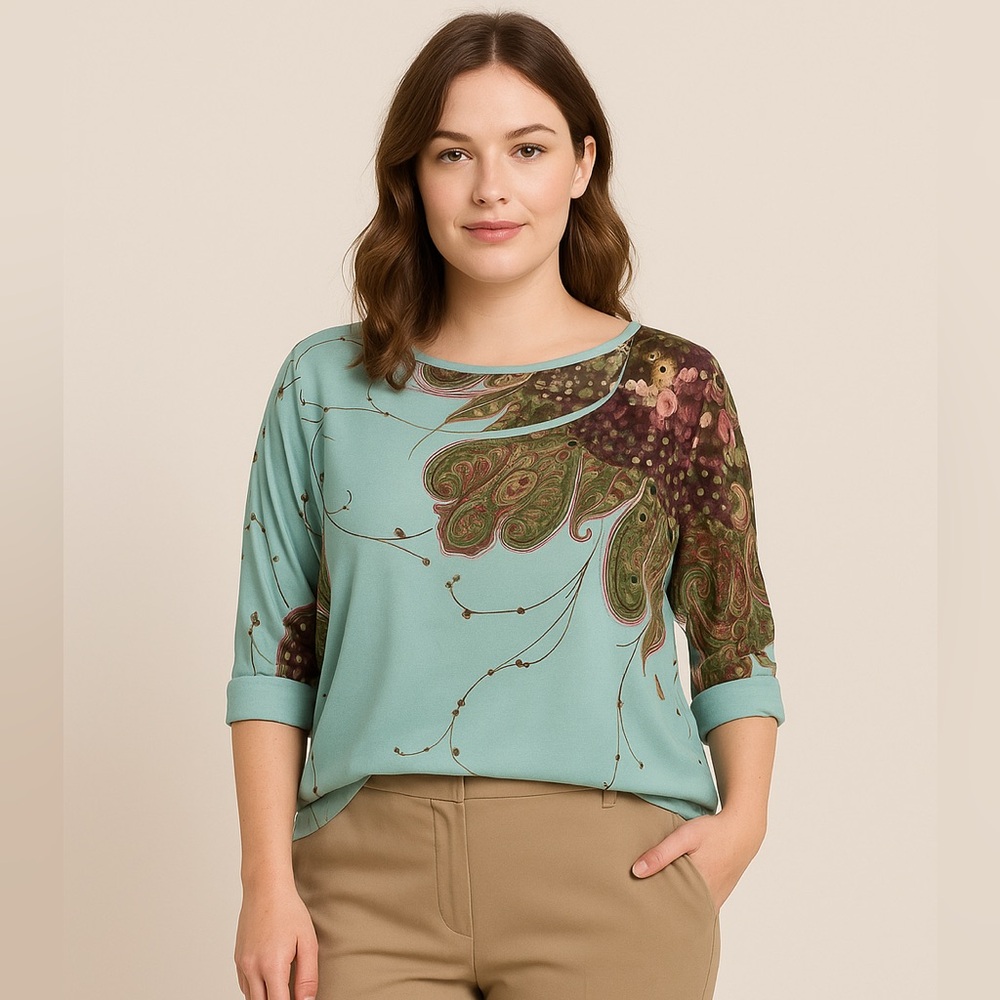 Allegra K Paisley Blouse Size M Teal Green Office Top
